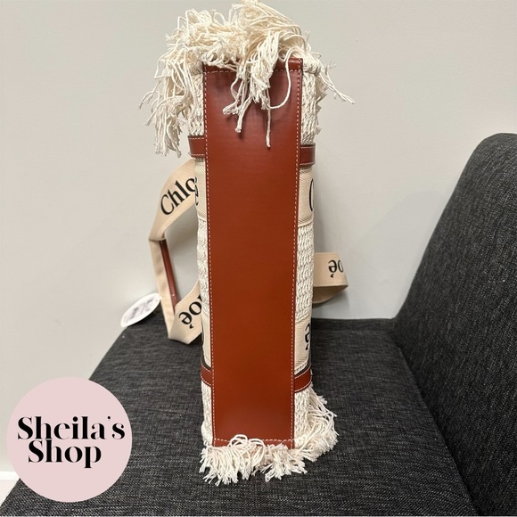 NWT Chloé Medium Woody Woven Fringe Tote Bag White & Brown - Picture 6 of 10